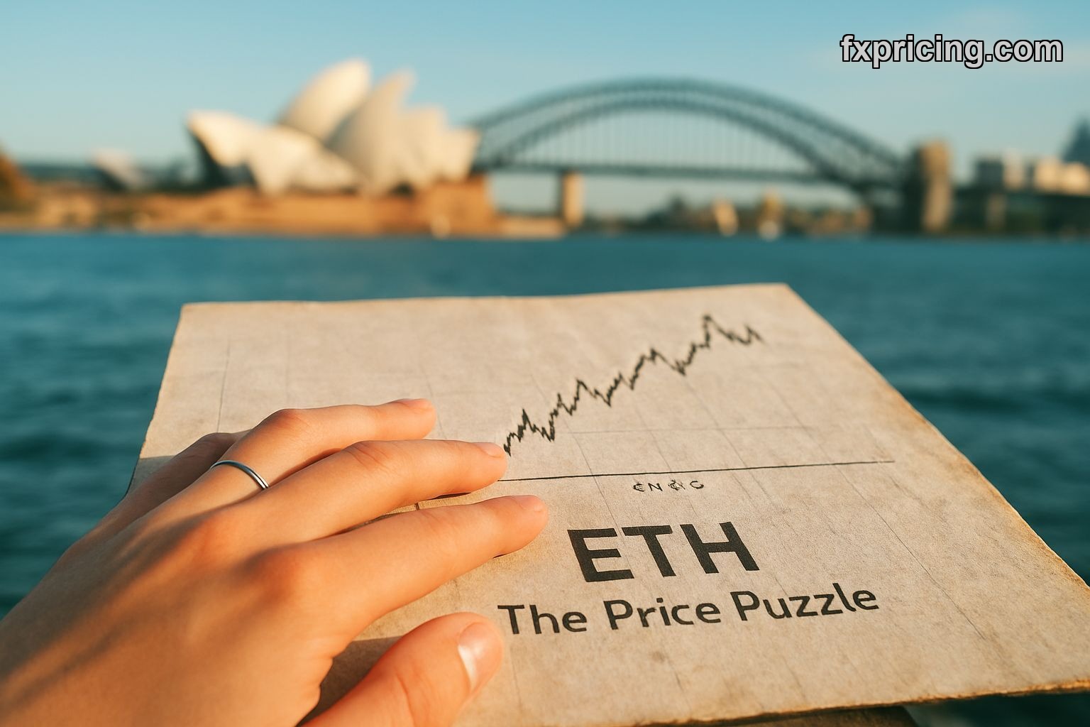 Trader's hands touching an Ethereum price chart, Sydney skyline backdrop.