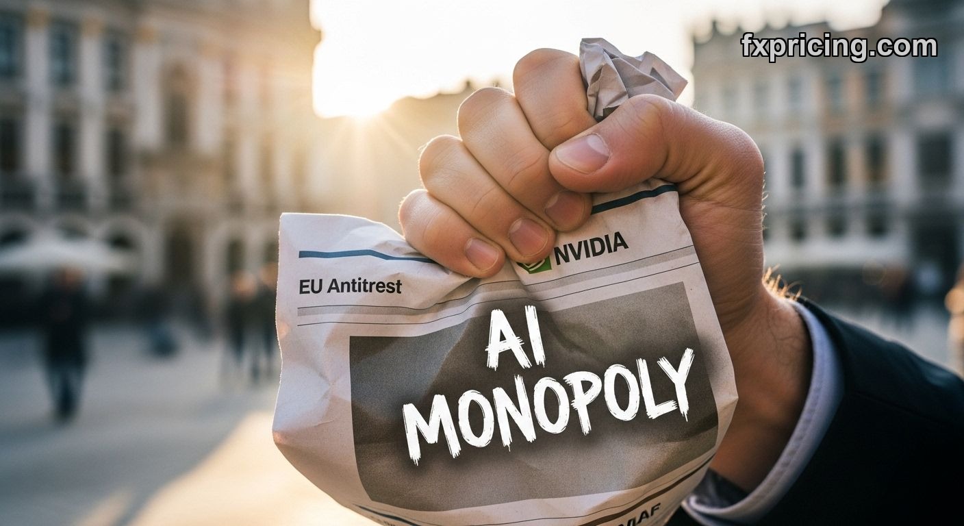 Worried investor reading EU antitrust headlines on NVIDIA, AI monopoly concern.