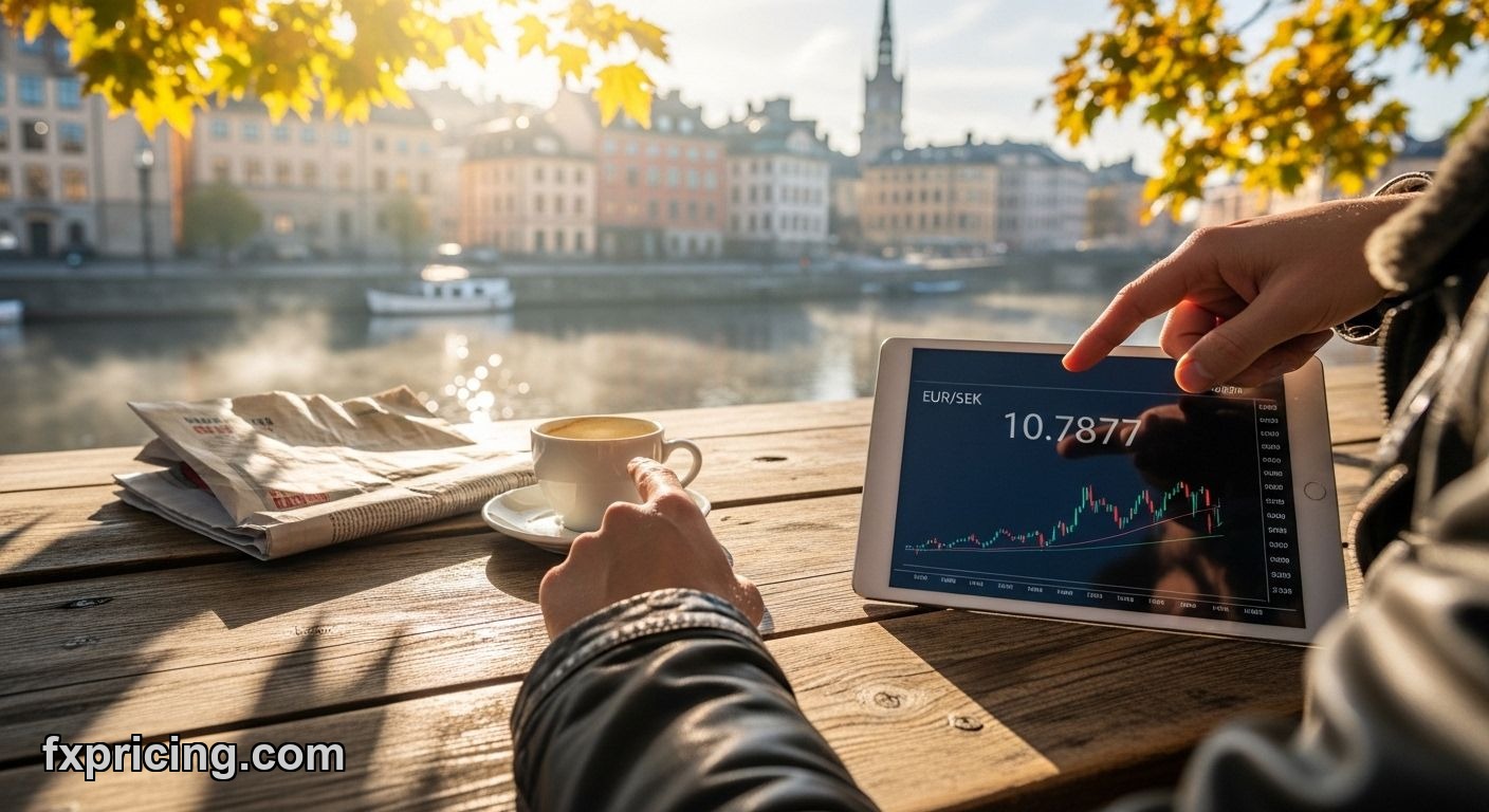 Trader analyzing EUR SEK forecast on tablet outdoors