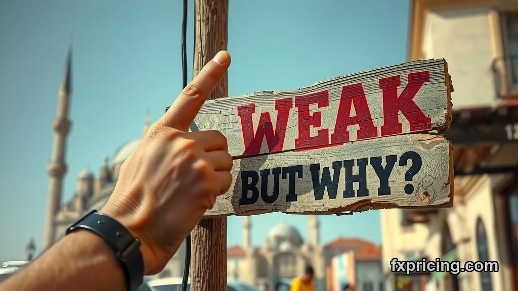 Hand pointing at "Weak Buy BUT WHY?" sign on Istanbul street.