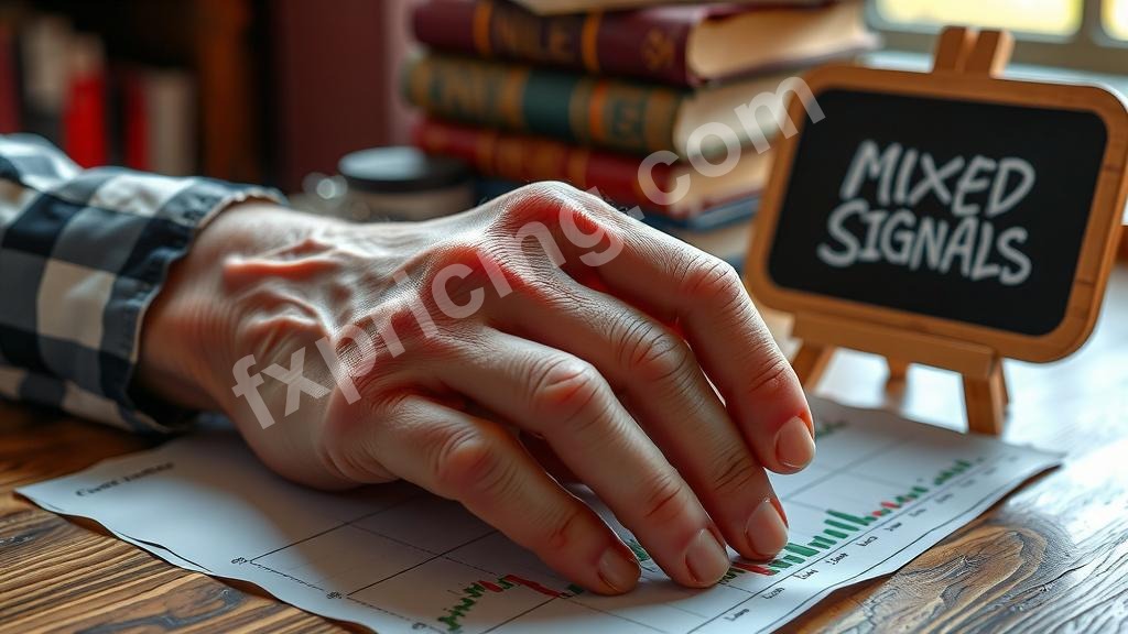 Trader's hands analyzing EURUSD chart with "Mixed Signals" chalked on blackboard.