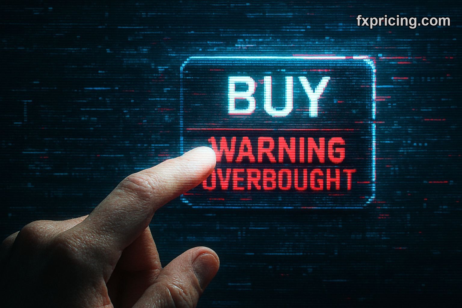 Hand hovering over a "BUY" button with "WARNING: OVERBOUGHT" flashing.