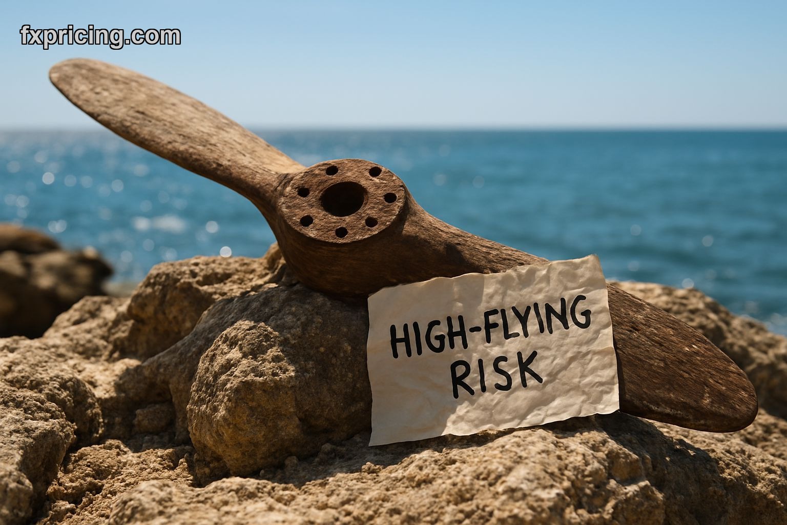 Worn wooden airplane propeller on sunny rocks, "HIGH-FLYING RISK?" note.
