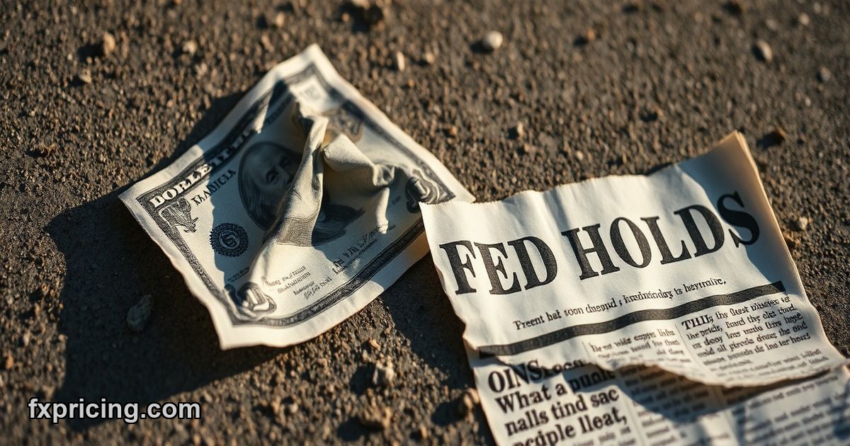 Crumpled dollar bill on concrete with "FED HOLDS" newspaper clipping.