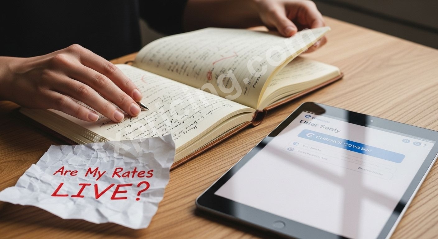 Trader's hands interacting with a currency converter widget on a tablet.