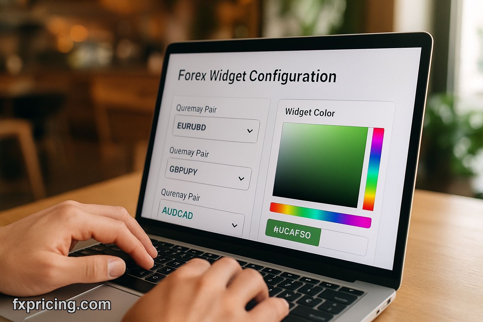 Hands configuring forex cross rates widget on laptop screen