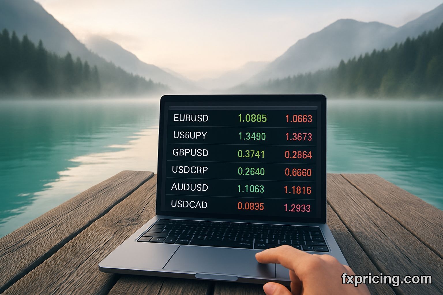 Laptop showing free forex cross rates widget on mountain lake dock