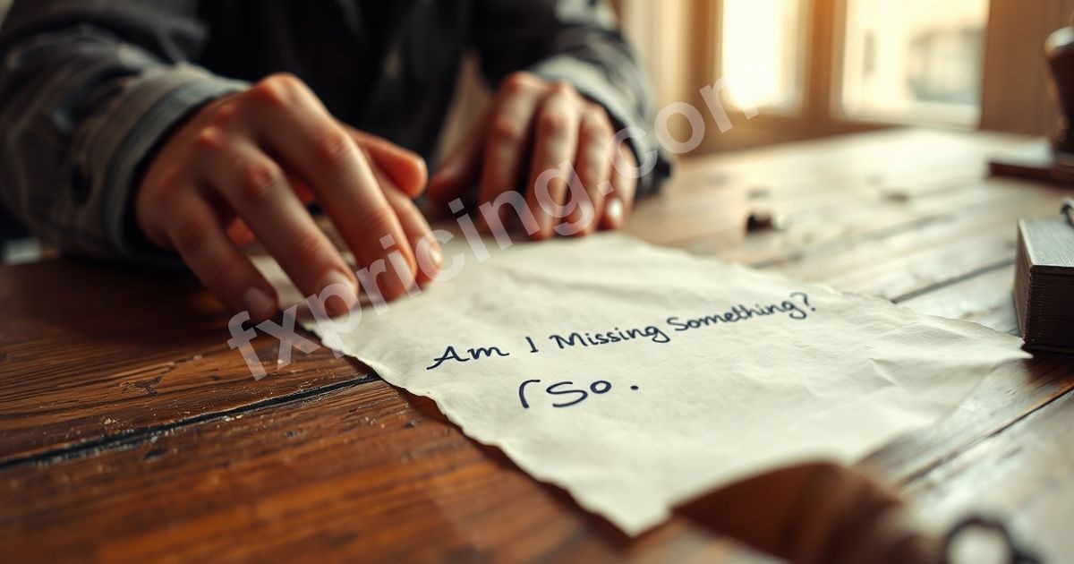 Trader's hands over a handwritten note "Am I Missing Something?" on a wooden desk.