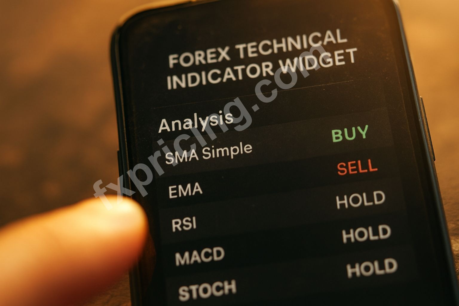 Close-up of smartphone screen with Forex Technical Indicator Widget showing "Buy" signal.