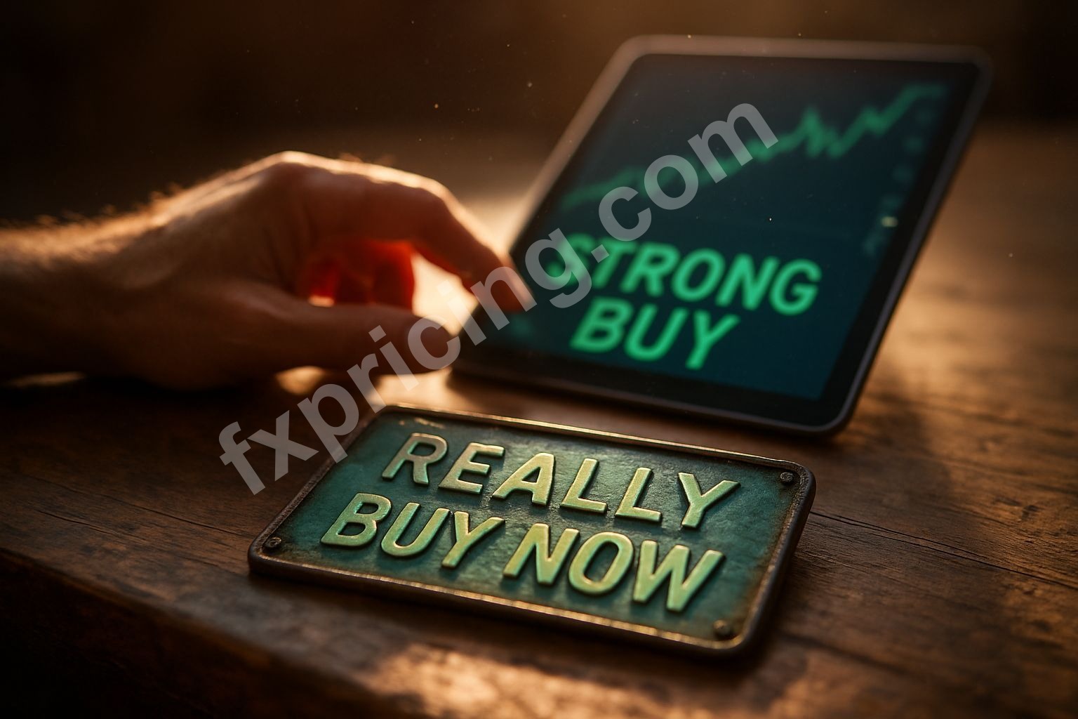 Trader’s hand tapping tablet, "Strong Buy" metal plaque, morning light.