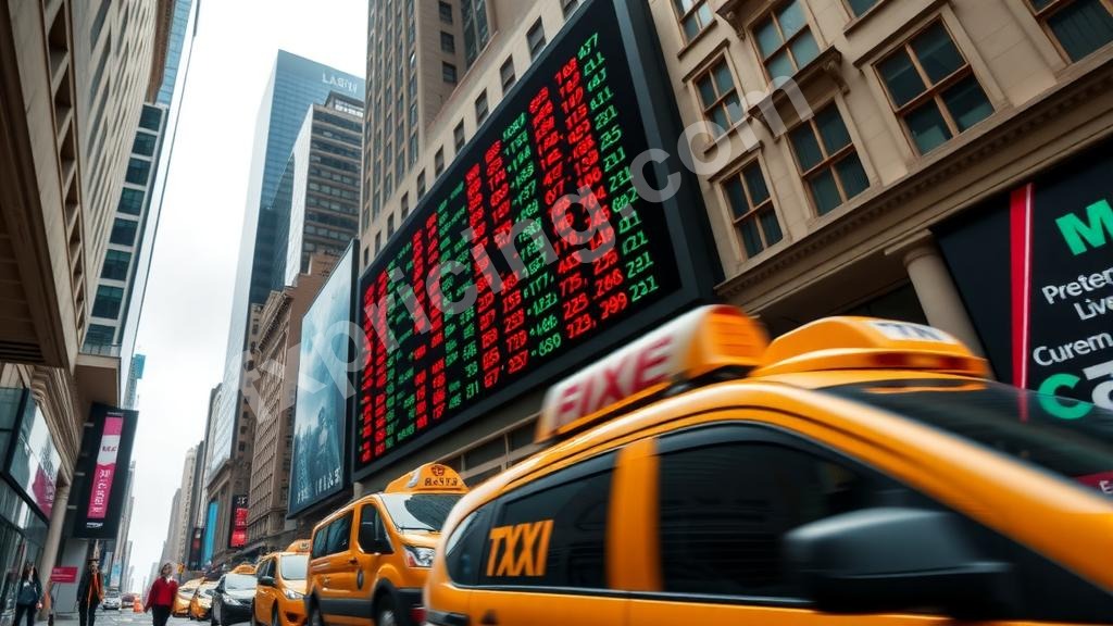 Blurred city street with digital forex ticker board above.