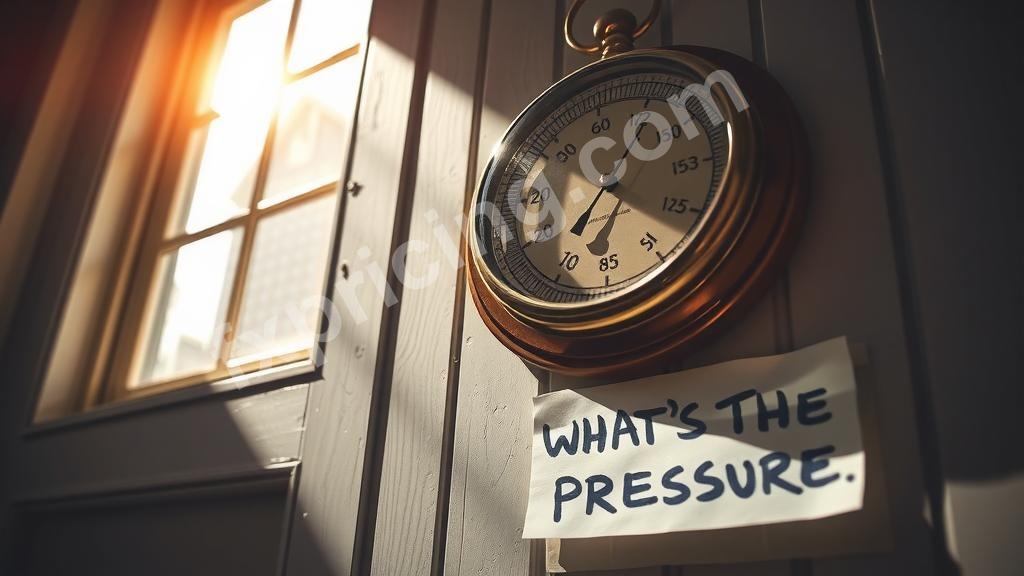 Brass barometer on worn wall with handwritten note asking "WHAT'S THE PRESSURE?"