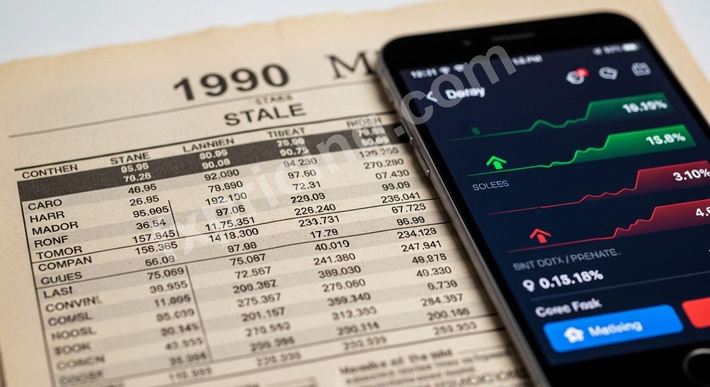 Old newspaper stock quote next to live phone currency rates, contrast.