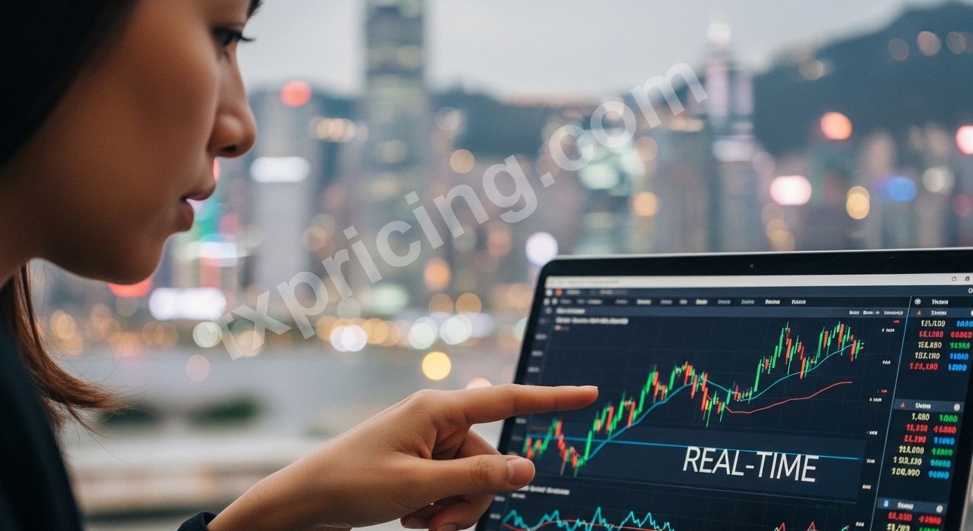Woman pointing at live currency rates on laptop screen, Hong Kong skyline blurred.