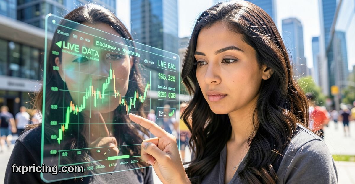 Woman touching a holographic crypto live chart showing live data.