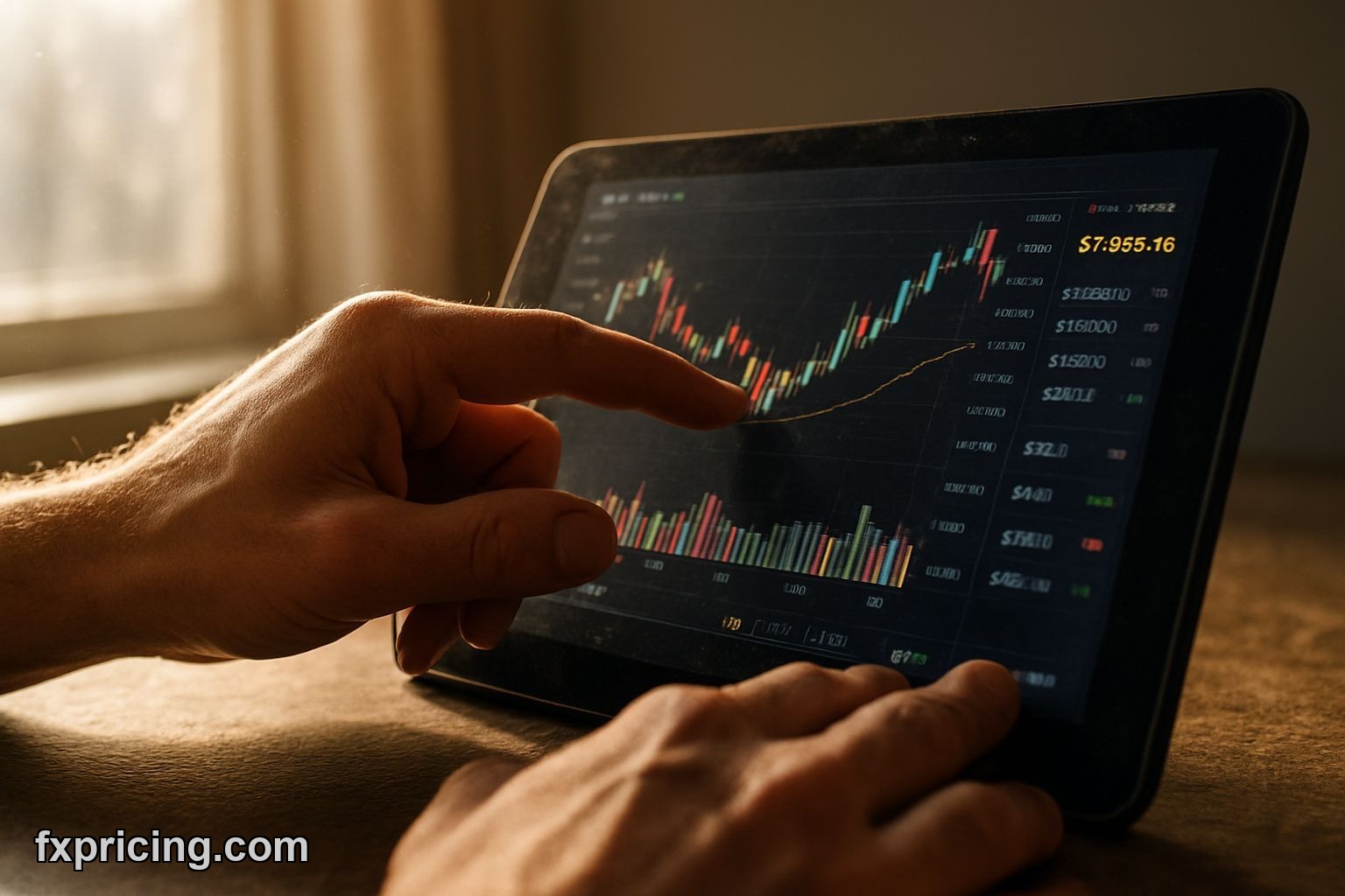 Man studying crypto rates on fxpricing.com tablet.