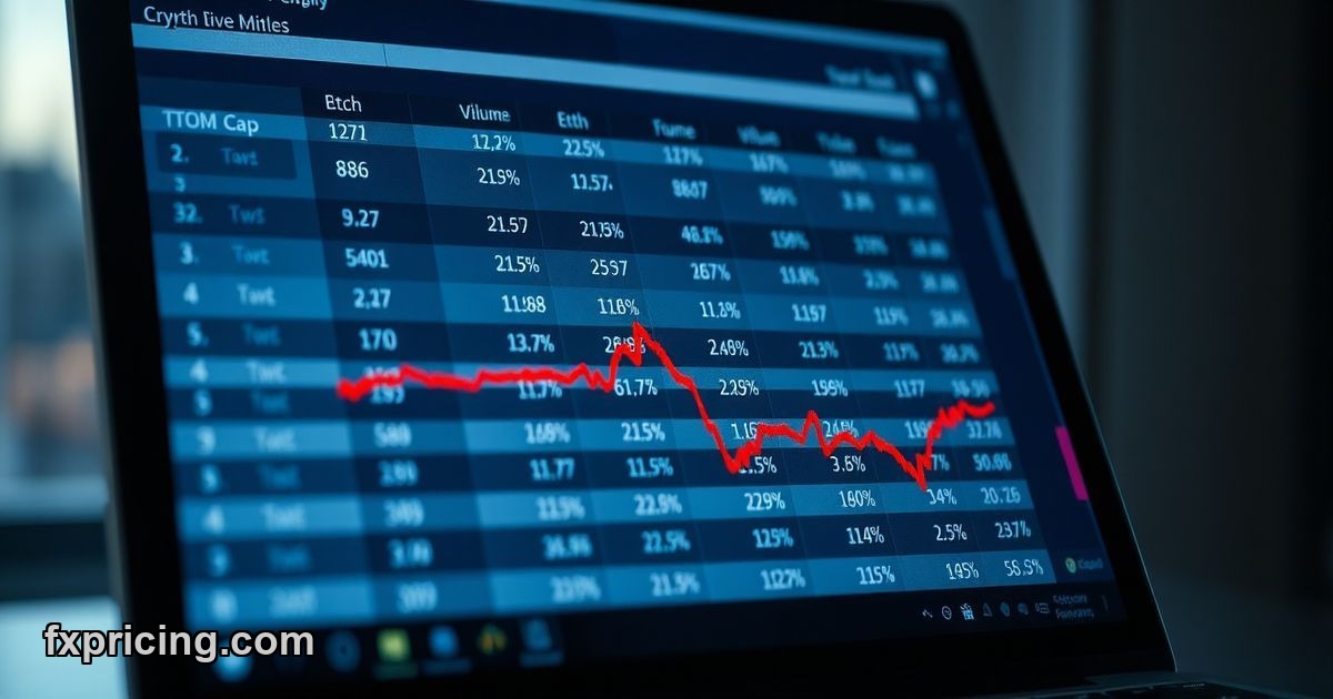 Cryptocurrency price table on laptop screen showing live data