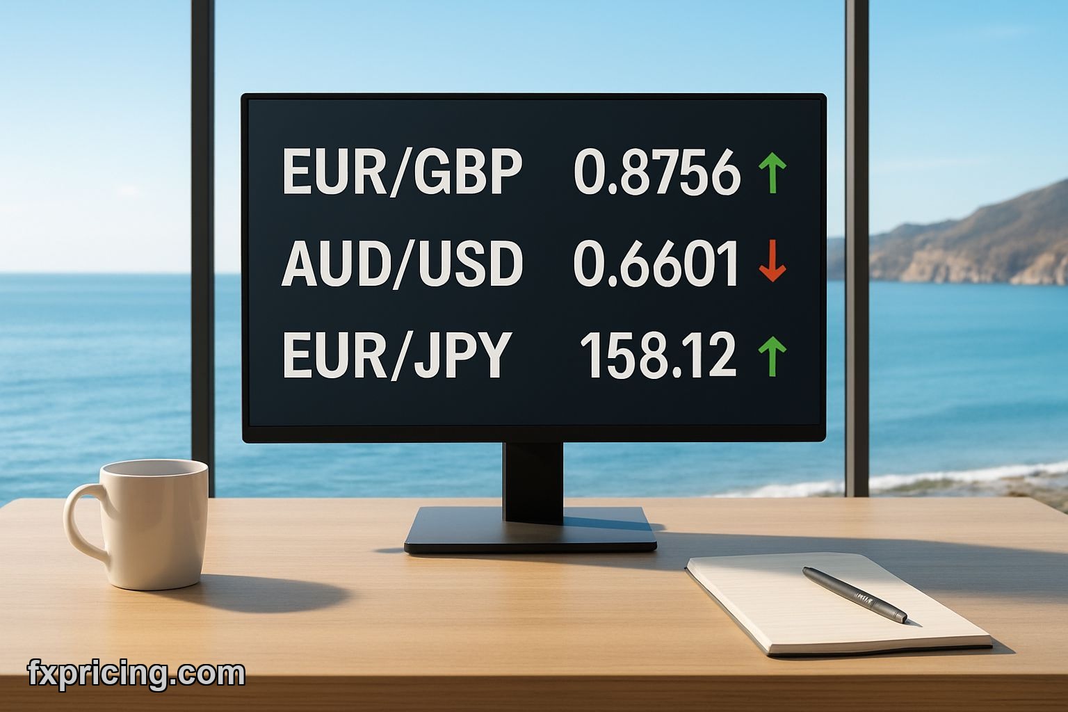 Multiple forex cross rates displayed on monitor with ocean view background