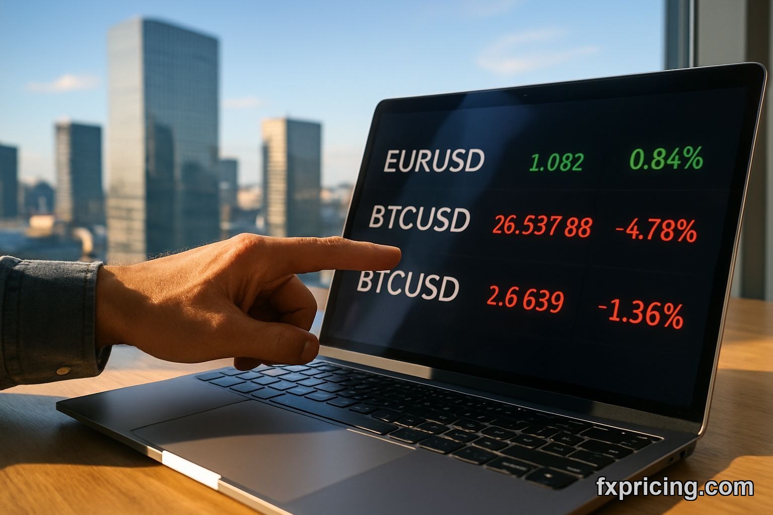 Trader reviewing live forex rates on fxpricing.com platform with city skyline background