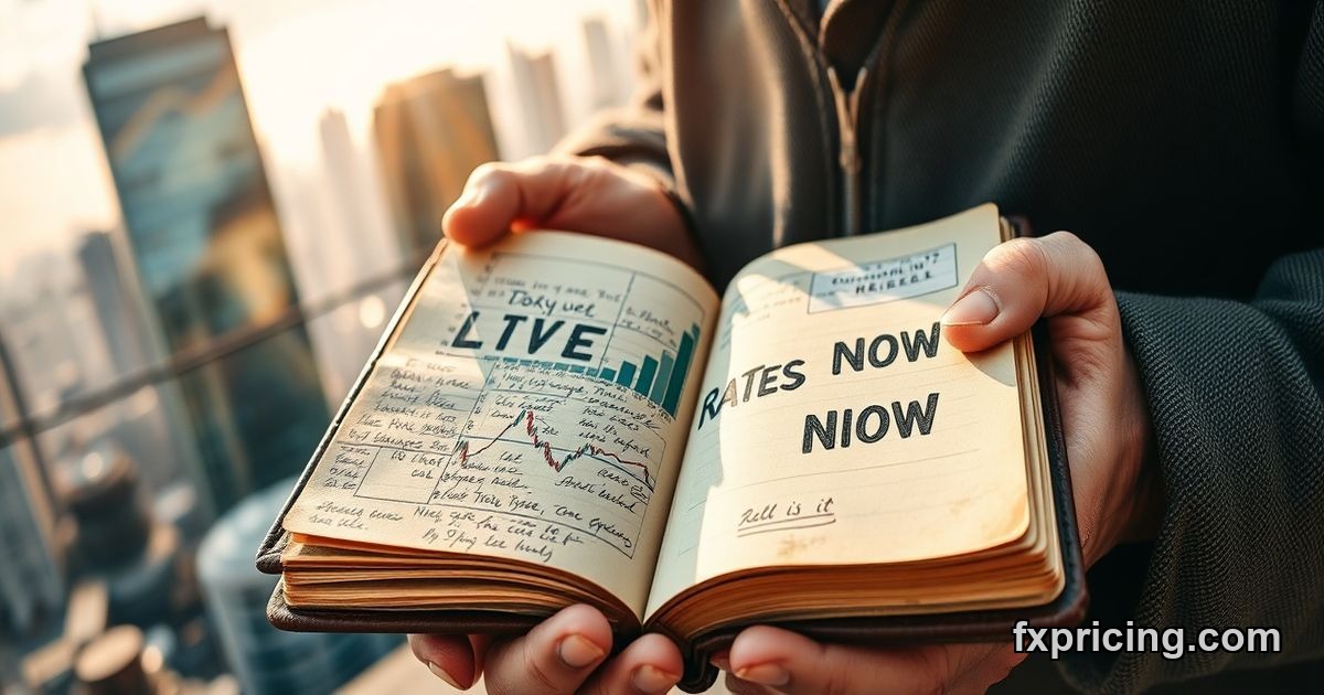 Trader's hands holding journal with "LIVE RATES NOW" over Tokyo skyline.