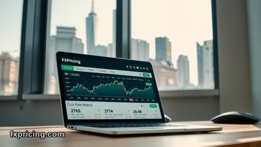 Laptop showing multiple FXPricing widgets embedded on website with city view