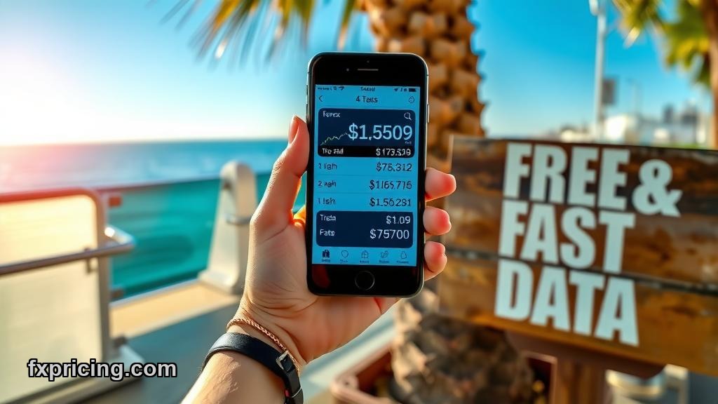 Woman holding phone with live FXPricing currency widget display outdoors