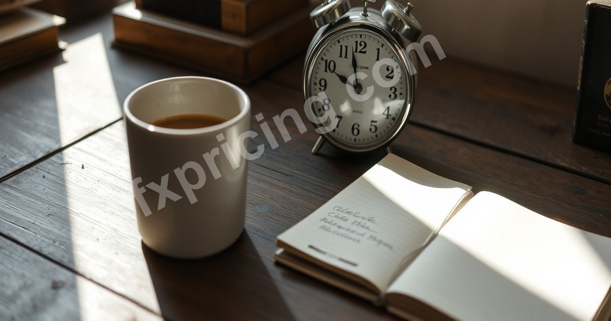 Old ticking desk clock on a worn trading desk.