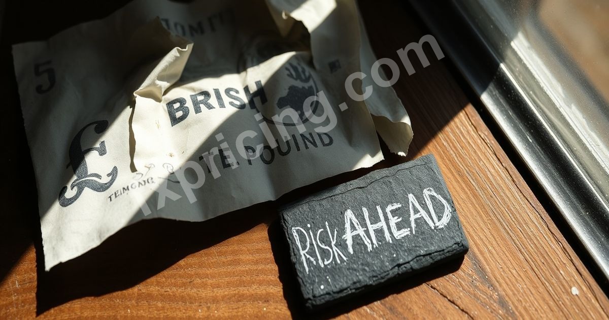 Crumpled British Pound note with "RISK AHEAD?" on slate tile.