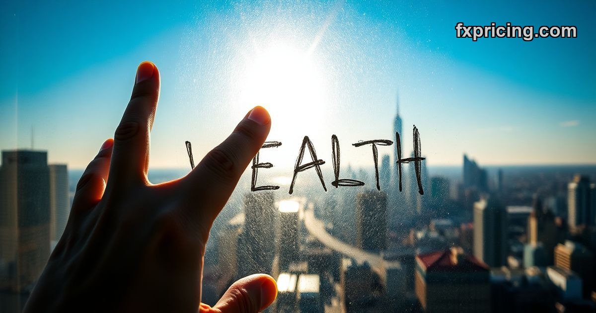 Hand tapping scratched glass with "WEALTH - Doji?" text, city skyline background.