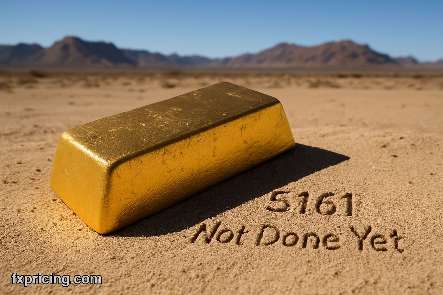 Gold bullion bar on desert sand with price target text