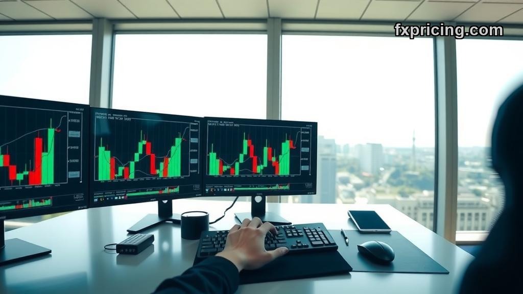 Trading desk with multiple monitors showing price charts