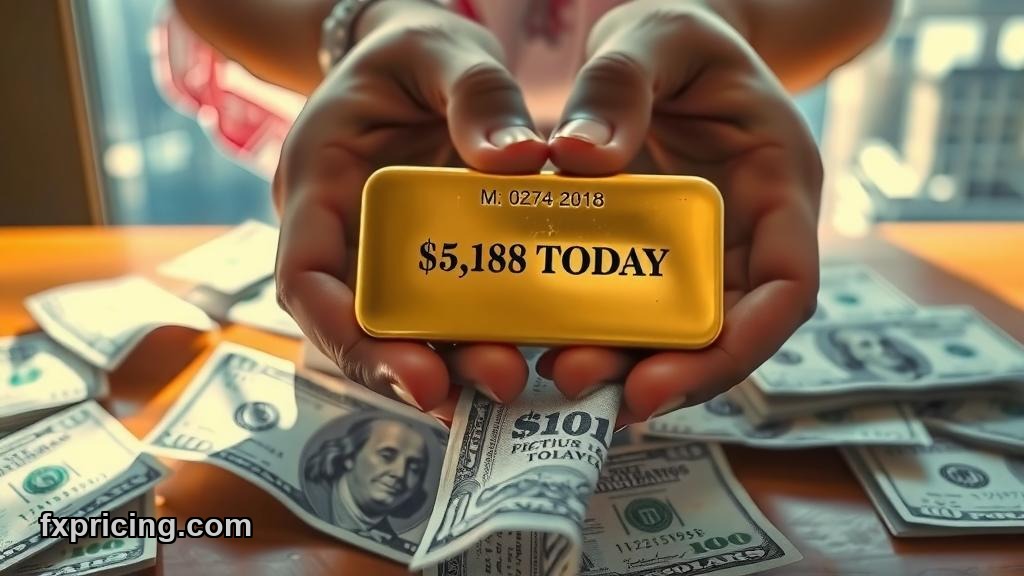 Woman holding gold bar over dollar bills with city skyline background