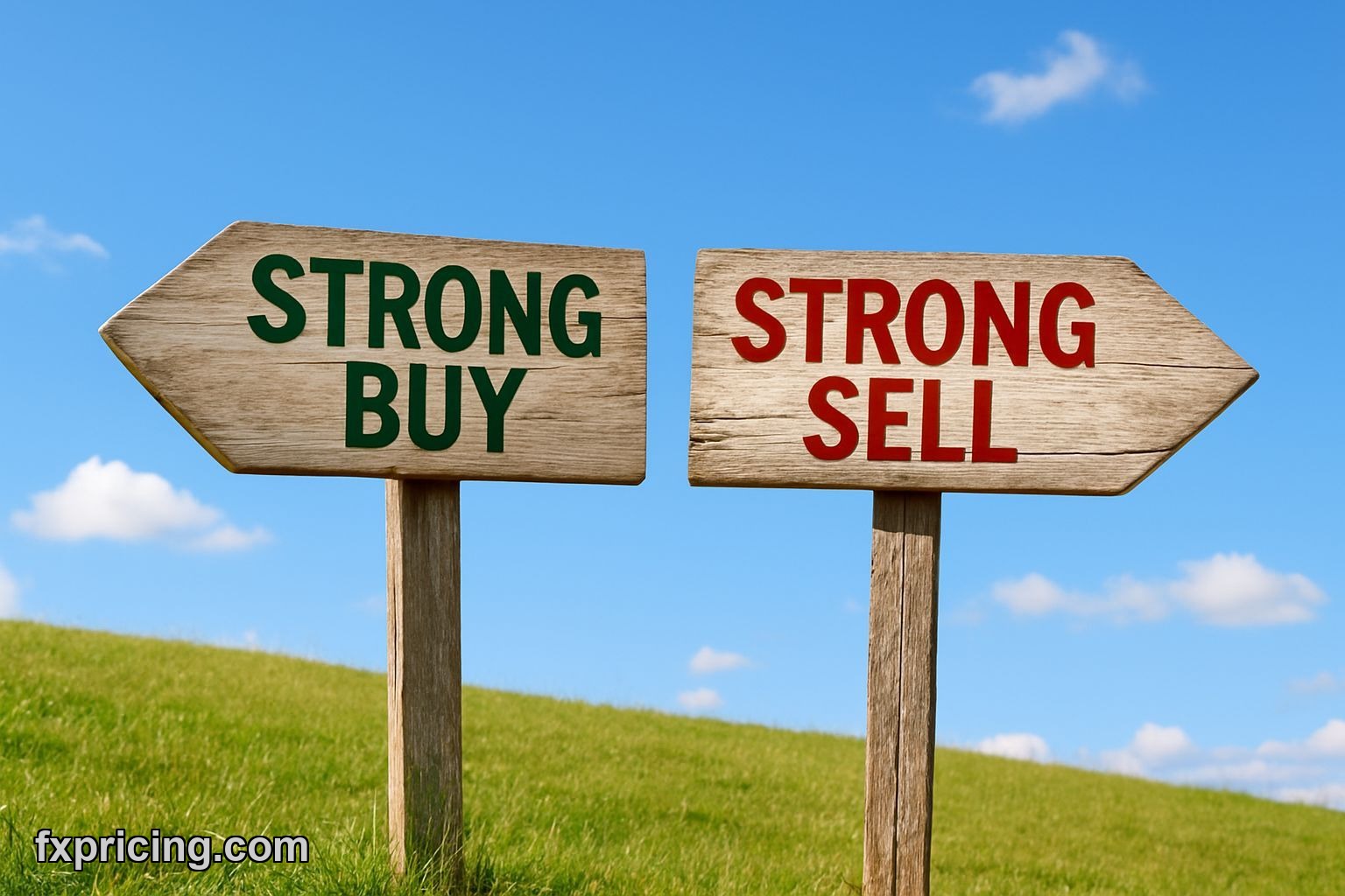 Conflicting "Strong Buy" and "Strong Sell" signs on wooden posts.