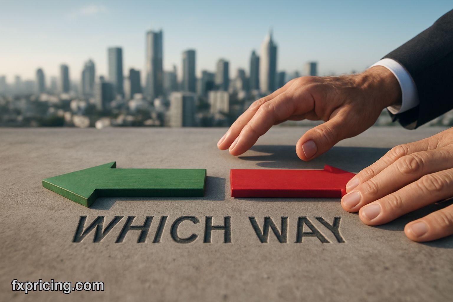 Investor's hands over opposing arrows, "WHICH WAY?" text, urban skyline background.