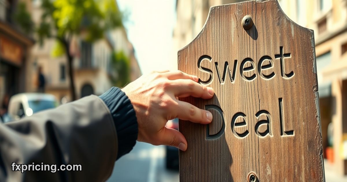 Hand on Lindt bar, "Sweet Deal?" carved on wooden sign.