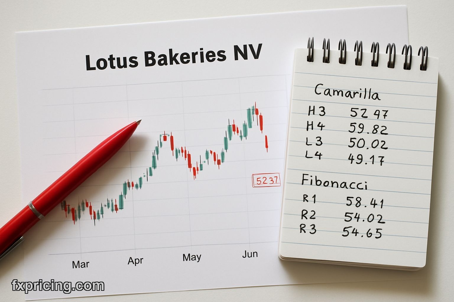 Lotus Bakeries stock chart with pivot point calculations and pen.