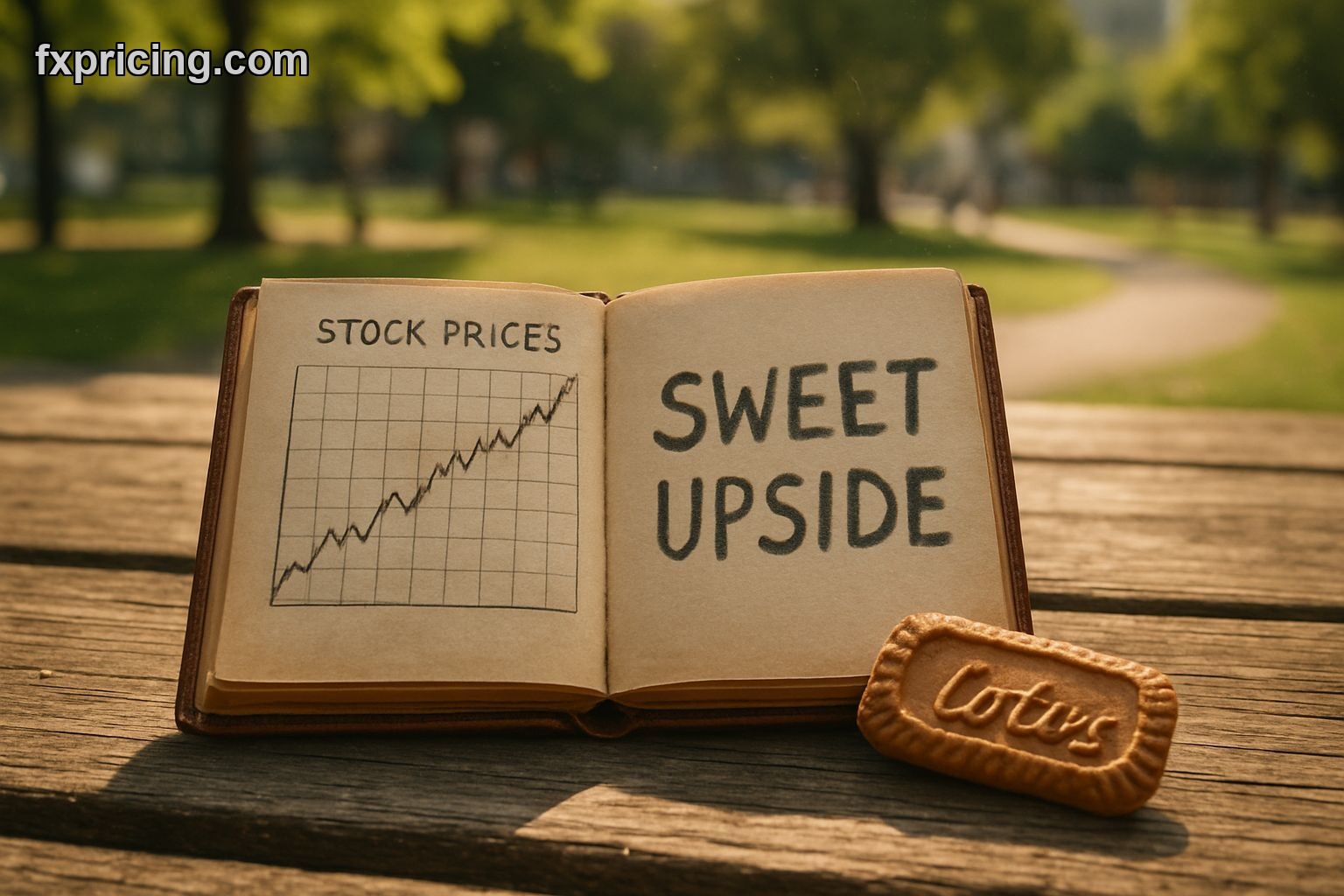 Lotus Biscoff biscuit and stock chart journal, "SWEET UPSIDE?"