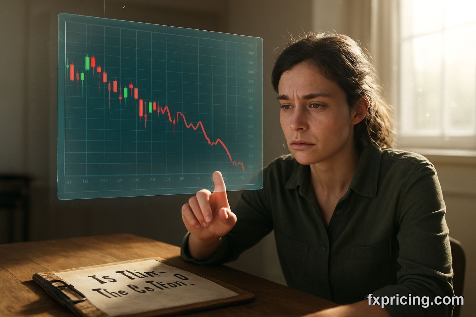 Woman studying Market Cap TON, $ price chart, questioning its bottom.