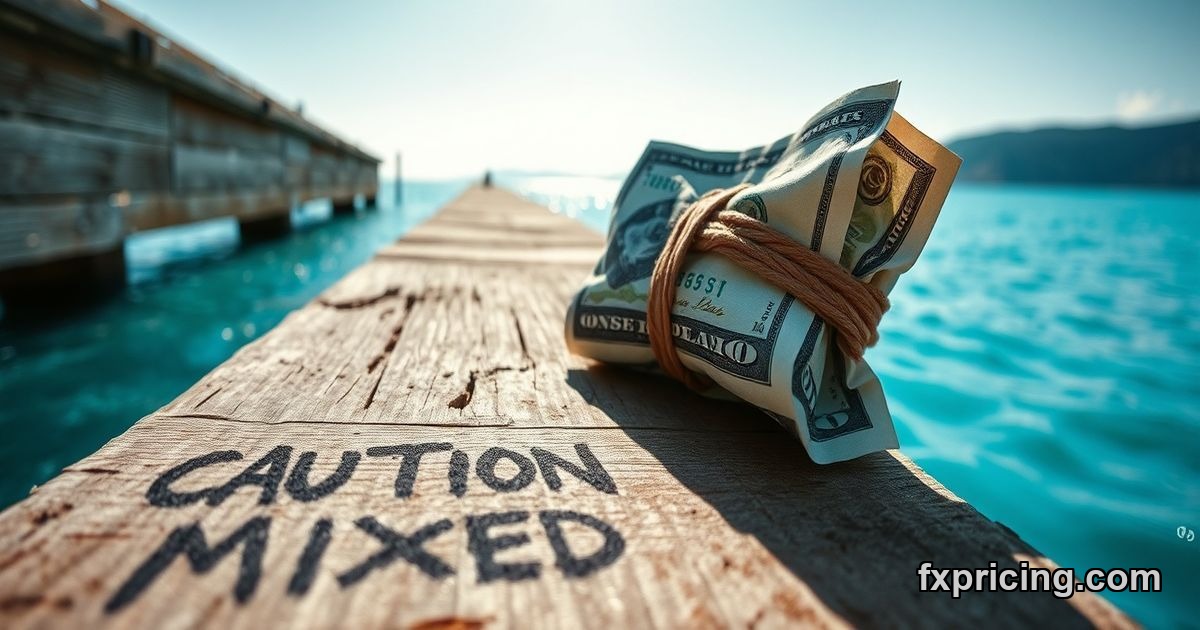 Crumpled Market Cap USDC, $ note with "MIXED SIGNALS" on a wooden pier by the ocean.