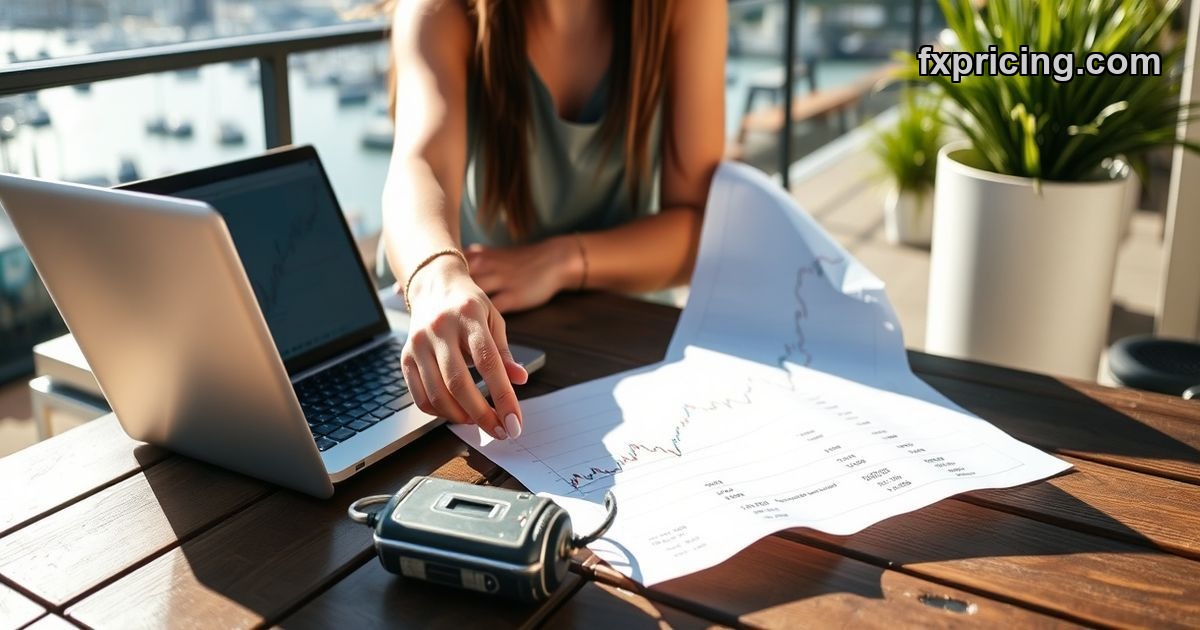 Woman analyzing NZD/SLL forex chart on sunny balcony
