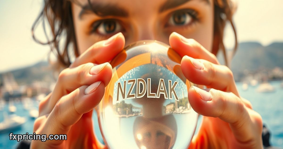 Person holding glass orb with NZDLAK outlook text, coastal city background.