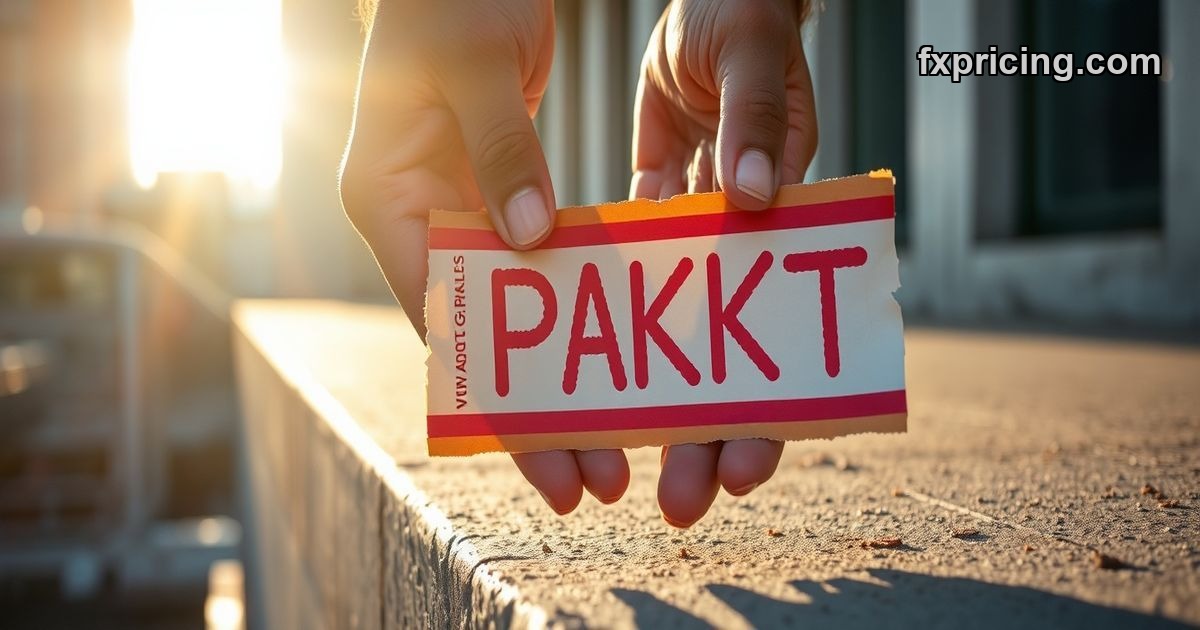 Hands holding torn PAKT stock ticker tape with falling prices