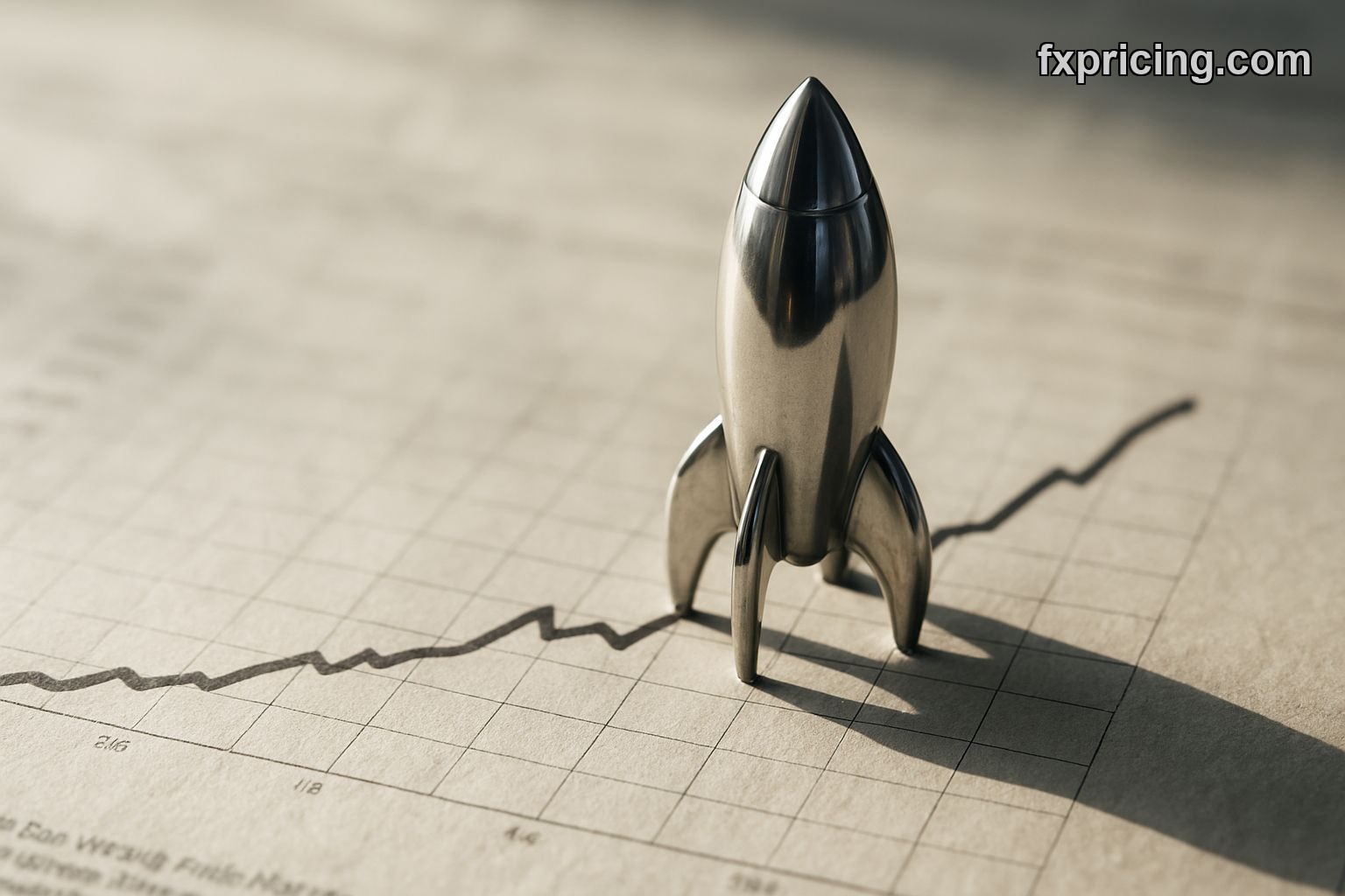 Silver rocket figurine on a rising stock chart.