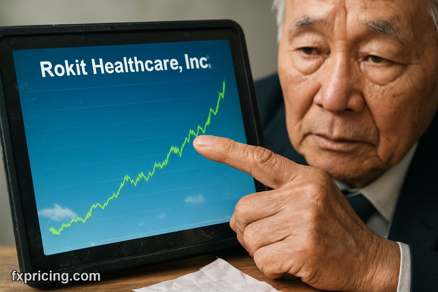 Korean investor pointing at Rokit Healthcare stock chart on tablet.