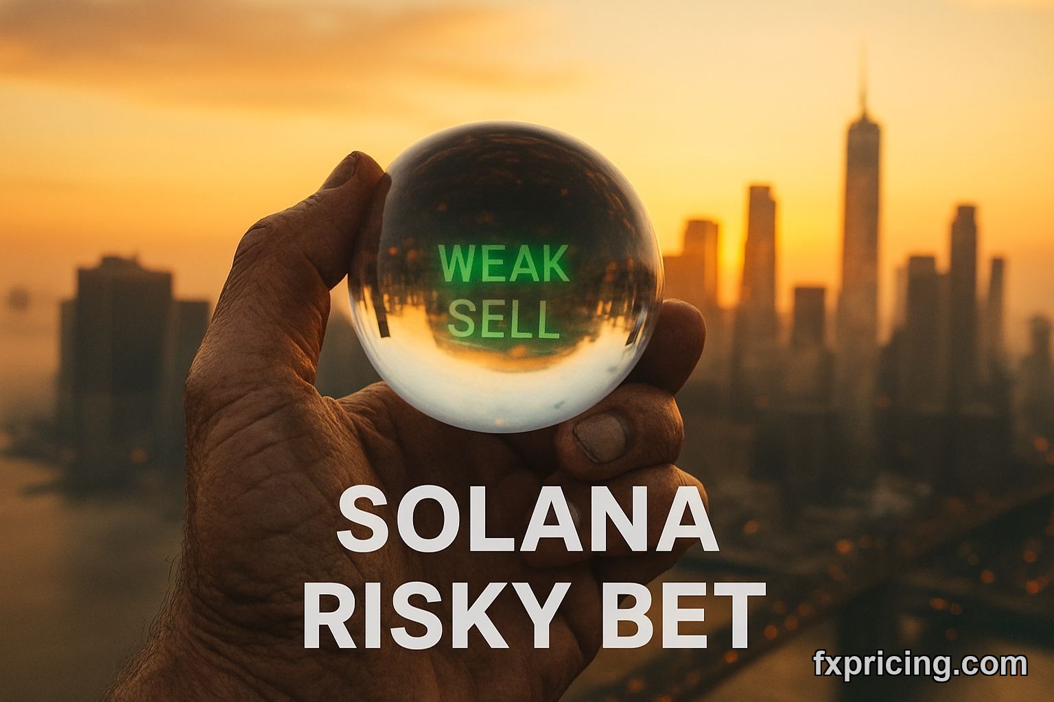 Hand holding glass sphere with "WEAK SELL" signal, Solana forecast.