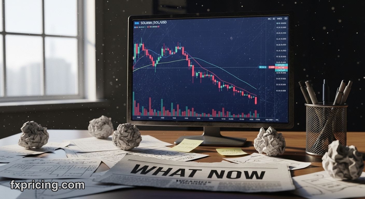 Solana SOLUSD chart downtrend, conflicting signals, "WHAT NOW?" text.