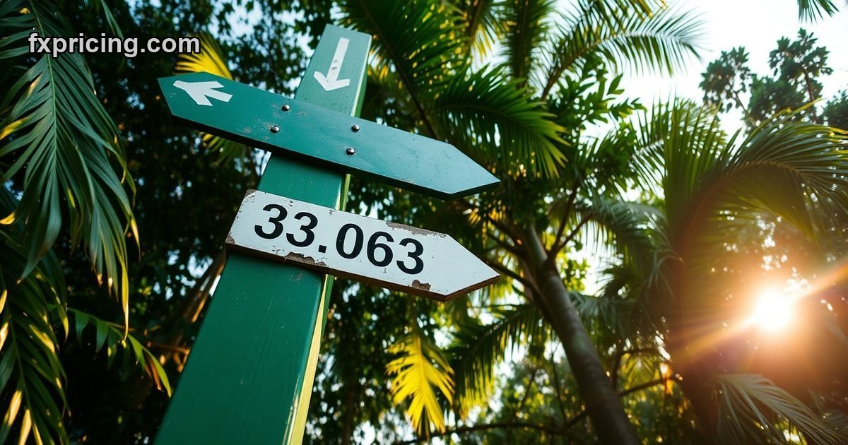 Jungle sign post with arrow pointing to "33.063" in golden light.