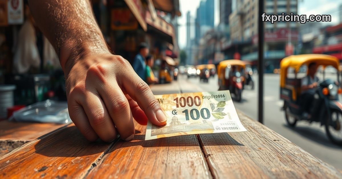 Trader's hand pressing Thai Baht banknote on worn wood, "UP?" note, Bangkok skyline.