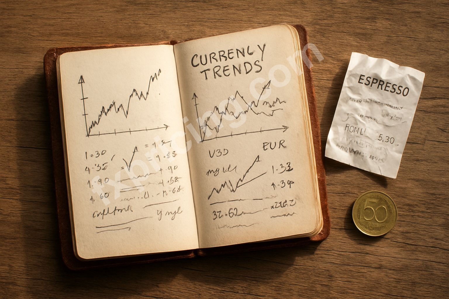 Journal with messy forex charts, espresso receipt, 50 Forint coin on wooden table.