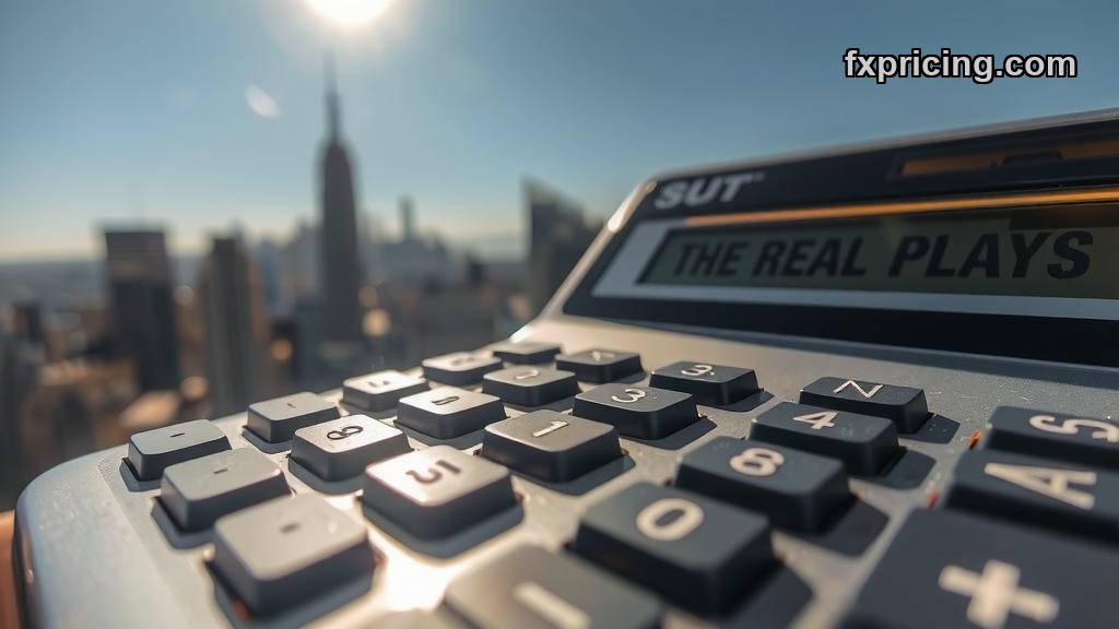 Metallic calculator with "THE REAL PLAYS" text, reflecting city skyline.